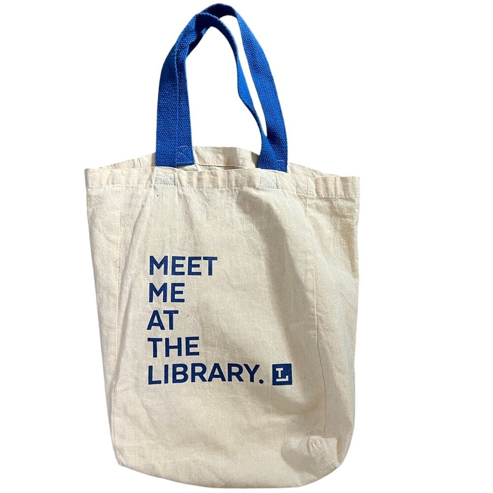Library Meet Me At The Library Canvas Tote Bag Cream with Blue Handles Reusable